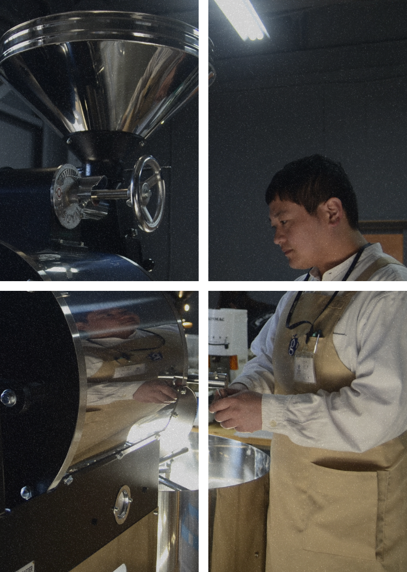 コーヒー豆を製造している機械と男性